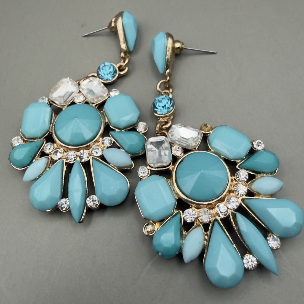 Blue Turquoise Cluster Drop Earrings Gold Tone Crystal Statement Floral Dangle